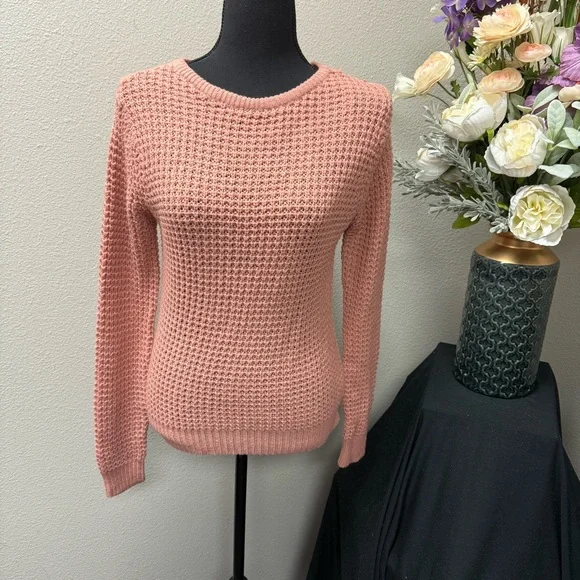 Papaya Pink Textured Knit Sweater M Long Sleeve Crisscross Back Fall Winter - Picture 1 of 7